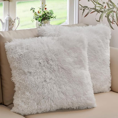 Cheer Collection Throw Pillows for Couch and Bed, Soft Shaggy Throw Pillows with Inserts Included, Cozy Long Hair Faux Fur Pillows - Set of 2-24" x 24" White