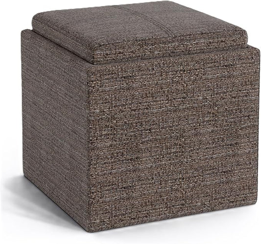 SIMPLIHOME Rockwood 18 inch Wide Contemporary Square Cube Storage Ottoman with Tray in Mink Brown Tweed Look Fabric, Assembled, For the Living Room, Entryway and Family Room