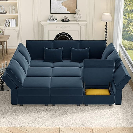 Vesgantti Modular Sofa Bed with Storage, 92" Sleeper Sofas with 9 Seats Storage Chaises Removeble Cover, Luxury Large Velvet Sectional Couch Set for Living Room, Apartment, Home Theatre, Blue