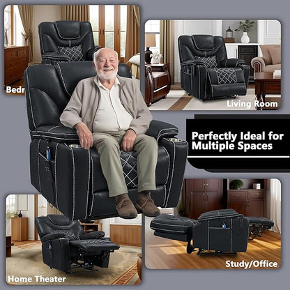 Power Lift Chair for Elderly: 9988 High Density Foam Lay Flat with Heat and Massage, Reclining to 180, 2 Pockets Cup Holders, 2 Remote Controls, Dual OKIN Motors - Breathable Leather Black