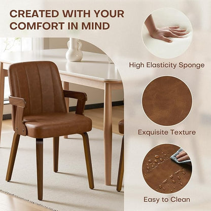 Kitchen Dining Chairs Set of 2, Faux Leather Upholstered Dining Room Chairs with Wood Arms and Legs, Mid Century Modern Kitchen Side Chair for Living, Bedroom, Restaurant, Walnut/Brown