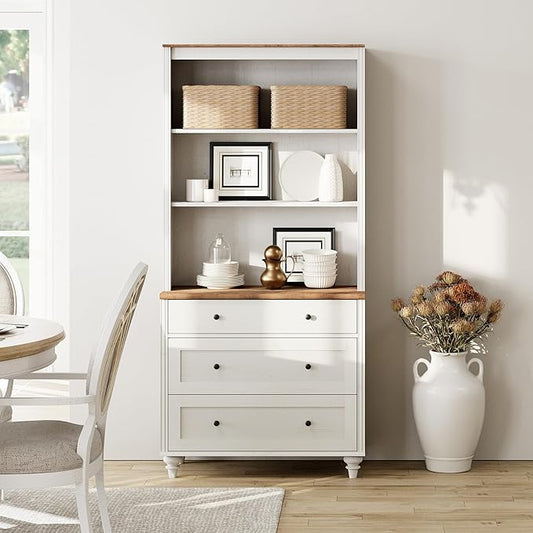 WAMPAT 72" Tall Bookcase Large Display Book Case Shelf with 3-Tier Open Book Shelfs, 3 Tier Farmhouse Bookshelf with 3 Drawers, Library Wood Bookshelves for Living Room or Study Room or Bedroom, White