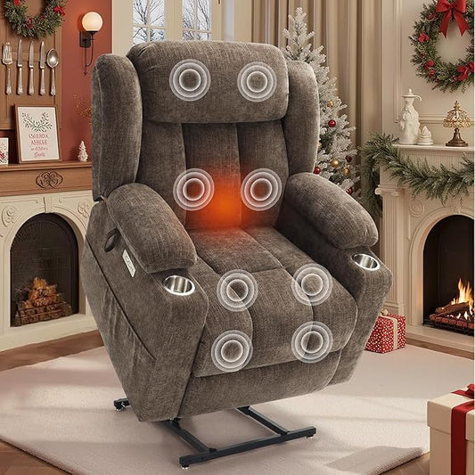 Large Power Lift Recliner Chair with Massage and Heat, Durable Heavy Duty Steel Mechanism Chenille Fabric High-Density Sponge, USB & Type-C Port Standing Assistance Brown Reclining Chair