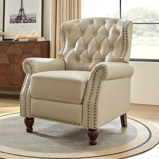HULALA HOME Genuine Leather Recliner Chair with Solid Wood Feet, Modern Adjustable Tufted Push Back Arm Chair w/Rivet Decoration, Home Theater Seating Single Reclining Sofa for Living Room, Beige