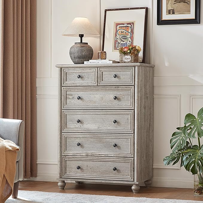 Farmhouse Dressers and Night Stand Set of 3, Wood 43.5'' Tall Dresser and 18'' Wide Chest of Drawers, Roman Column Nightstand Set of 2, Bedroom Furniture Dresser Suites for Living Room, Hallway, Home