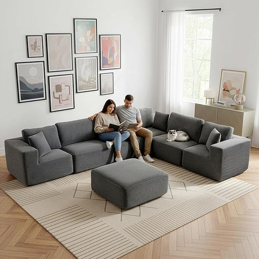 L-Shape Cloud Modular Sectional Sofa Couch,Modern Boneless Sectional Couch with Deep Seat,Upholstered Couches for Living Room Bedroom,No Assembly Required,Grey