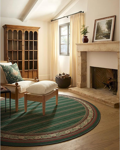 RUGGABLE x Morris & Co Machine Washable Area Rug – Fruit Stripe Spruce Green 8 ft Round, Stain-Resistant, Non-Slip – Large Rugs for Living Room, Bedroom, Hallway, Entryway & Office–with Standard Pad