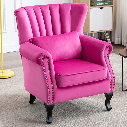 Accent Reading Arm Chairs Midcentury Modern Comfy Corner Sofa Chair, Wingback Waiting Room Club Chair with Tufted Back for Living Room/Bedroom/Reception Room, Velvet Rose