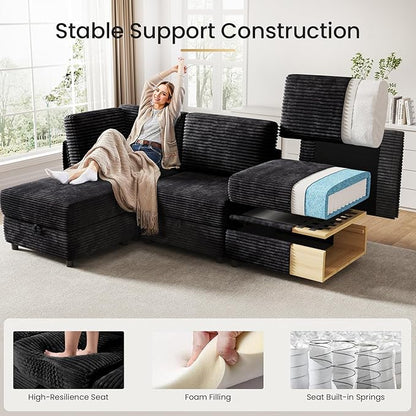 KKL Modular Sectional Sofa L-Shaped 4 Seater Couch with Storage Ottoman, Plush Wide-Wale Corduroy Couch for Living Room, Apartment, Modern Design, Black