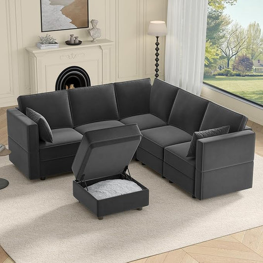 Vesgantti Sectional Couches with Storage Seats, 92" L Shaped Convertible Modular Sectional Sofa, 5 Seat & 1 Ottoman Velvet Storage Chaises Deep Seat Couch for Living Room, Bedroom, Apartment, Gray