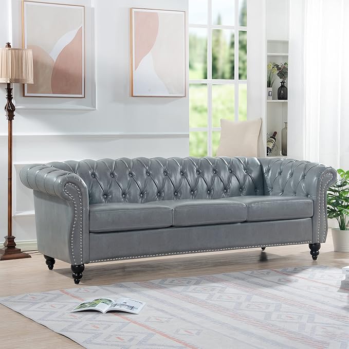 Home Sofa Living Room Furniture, 3 Seater Leather Upholstered Sofa Couch, Modern Comfy Couch with Faux Leather Cushions, Mid Century Tufted Chesterfield Sofas for Bedroom, Office, Apartment (Grey)