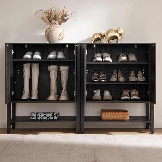 SICOTAS Shoe Storage Cabinet for Entryway - 5 Tier Rattan Entry Shoe Organizer Cabinet with Shelves & Doors, 2 Pieces Farmhouse Boho Tall Shoe Rack for Hallway, Living Room, Closet (Obsidian)