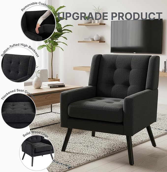 Mid-Century Modern Accent Chair Set of 2, Plush Linen Fabric with Button Tufted High Back & 5" Thick Cushion, High Comfort Reading Chair for Living Room, Bedroom, Office (Black)
