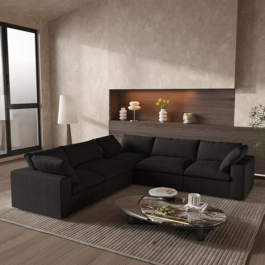 WJShome Cloud Couch Modular Sectional Sofa,160.6" Down Filled 5 Seater Convertible Sectional Sofas,V Shaped Couch for Living Room,Covers Washable&Replaceable (Black)