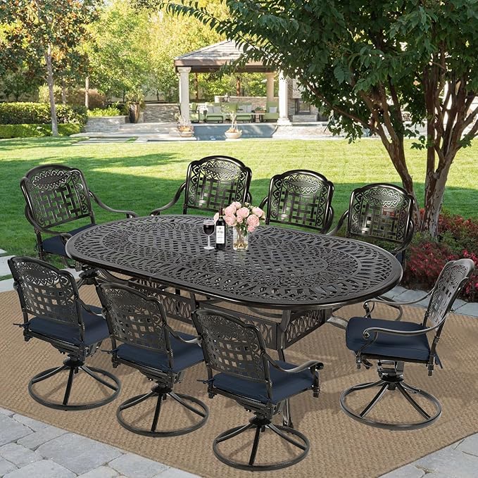 MEETWARM 9-Piece Outdoor Patio Dining Set, All-Weather Cast Aluminum Patio Conversation Set with 8 Cushioned Swivel Rocker Chairs for Backyard Garden Deck, 1 Oval Table, 2" Umbrella Hole, Navy Blue