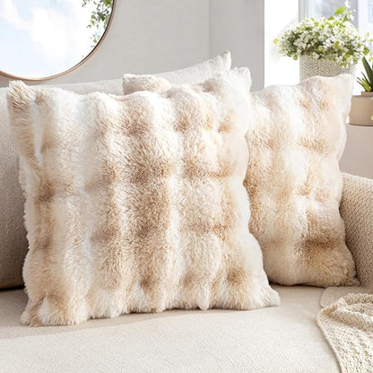 MIULEE Faux Fur Pillow Covers Thick Soft Plush Throw Pillows Luxury Home Decor for Couch Bed Bedroom Living Room Sofa,18x18 Inch Pack of 2 White-Beige