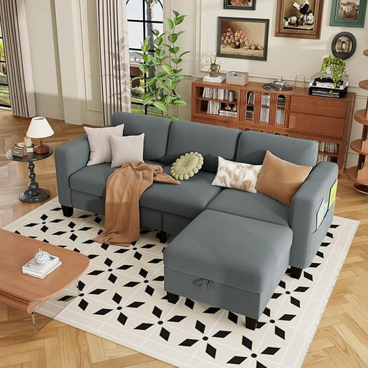 ZeeFu Sectional and Sofa Couches for Living Room - 78'' 3 Seater L-Shaped Modular Couch with Storage Ottoman - Modern Velevt Fabric Upholstered Sofa Set for Small Space Apartment Office