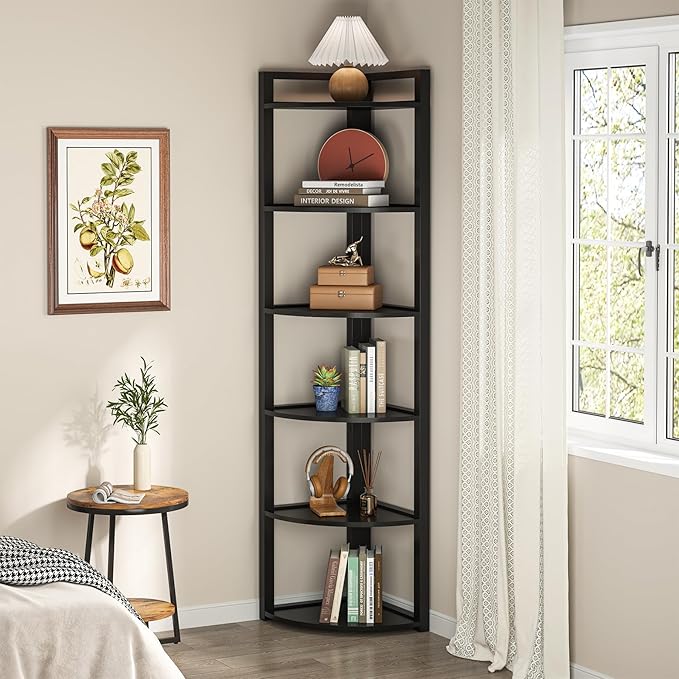 TRIBESIGNS WAY TO ORIGIN Corner Shelf, 70.9 Inch Tall Corner Bookshelf, 6 Tier Ladder Shelf with Metal Frames Multifunctional Modern Bookcase for Living Room, Home Office, Kitchen, Small Space (Black)