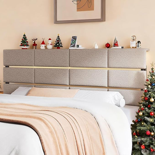 King/Cal King Size Upholstered Headboard, Adjustable Head Boards with LED Light & Charging Station, Bed Headboard Only, Attach Frame, Ideal for Bedroom, Dorm, Guest Room, Beige