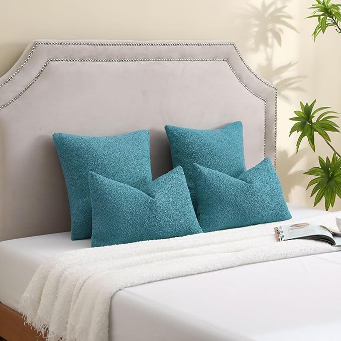 FUTEI Pack of 2 Teal Blue Decorative Throw Pillow Covers 22x22 Inch Soft Cozy Solid Boucle Textured Cushion Case,Modern Home Decor for Couch Bed Living Room