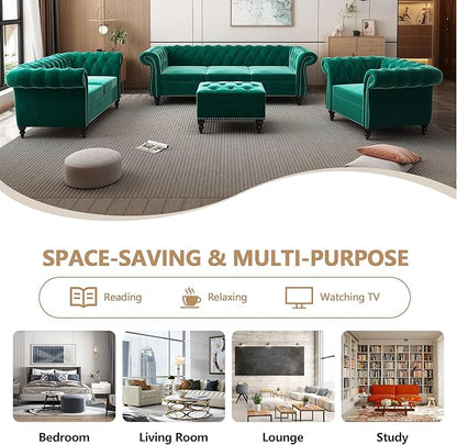 2 Piece Living Room Sofa Set, 3 Seater Velvet Sofa Couch and Chair Set, Mid Century Modern Upholstered Couch with Cushions, Comfy Tufted Chesterfield Couches for Living Room, Bedroom, Office