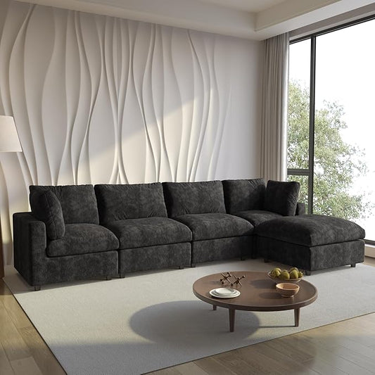 Cloud Couch Modular Sectional Sofa,134" L Shaped Couch, Oversized Convertible Wide Seater,4 Seater with Ottoman for Living Room Set, Covers Washable&Replaceable,Black