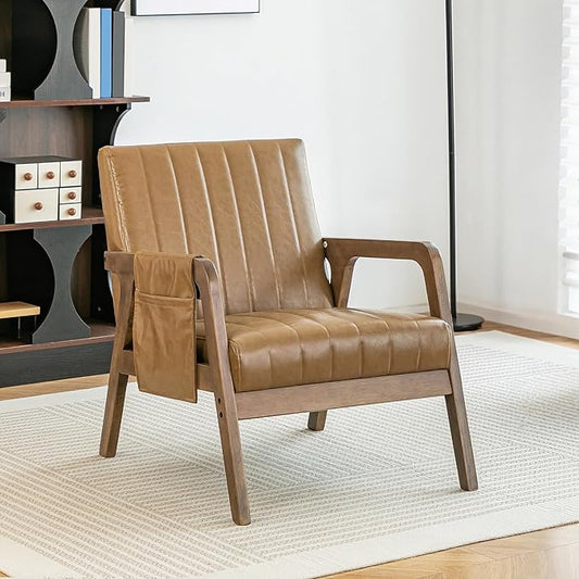 EROMMY Mid Century Modern Leather Accent Chair with Wood Frame, Faux Leather Accent Armchair with Storage Bag,Pu Living Room Accent Chair for Reading, Bedroom,Light Brown