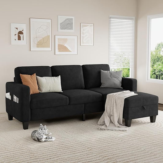 Sectional Sofa and Couches for Living Room, 78'' Black 3 Seat L-Shaped Couch with Movable Ottoman, Comfy Velvet Convertible Sectionals Sofas with Chaise for Apartment, Office, Small Space
