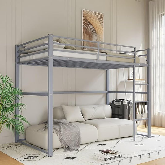 Metal Loft Bed Twin Size, Loft Bed Frame with Safety Guard Rails & Flat Ladder, Twin Loft Bed for Kids Teens Adults