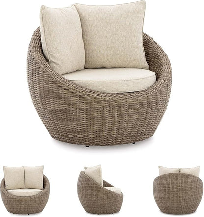 Signature Design by Ashley Danson Outdoor Lounge Chair with Cushion and 360-Degree Swivel, Set of 2, UV-Resistant Performance Fabric and Resin Wicker, Light Brown