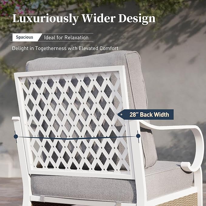 6 Piece Metal Outdoor Patio Furniture Set, Patio Conversation Sets 1 3-Seater Sofa, 4 Single Sofa with 5.75" Extra Thick Cushion and Coffee Table, White Frame Backyard Furniture, Gray