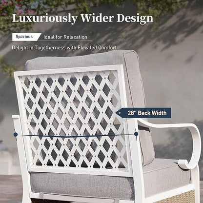 6 Piece Metal Outdoor Patio Furniture Set, Patio Conversation Set 1 3-Seater Couch, 2 Fixed Sofa, 2 Swivel Sofa with 5.75" Thick Cushion and Coffee Table White Backyard Furniture, Gray