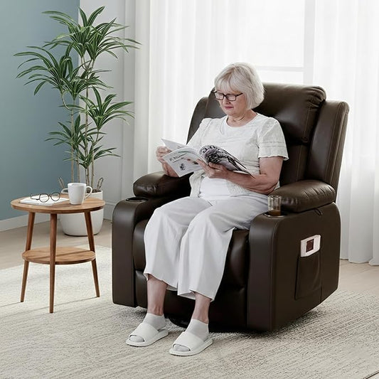FLEXISPOT XL31 Power Lift Recliner Chair for Elderly, Electric Lift Chair with Massage & Heat, PU Leather Reclining Sofa w/Cup Holders, Side Pockets for Living Room Bedroom(Medium Size,Brown)