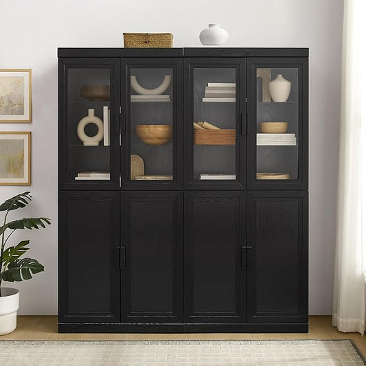 Crosley Furniture Essen 2-Piece Glass Door China Hutch Kitchen Pantry Storage Cabinet Set, Dining Room, Black
