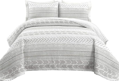 Lush Decor Hygge Geo Pattern Striped 3 Piece Quilt Bedding Set, King, Gray & White