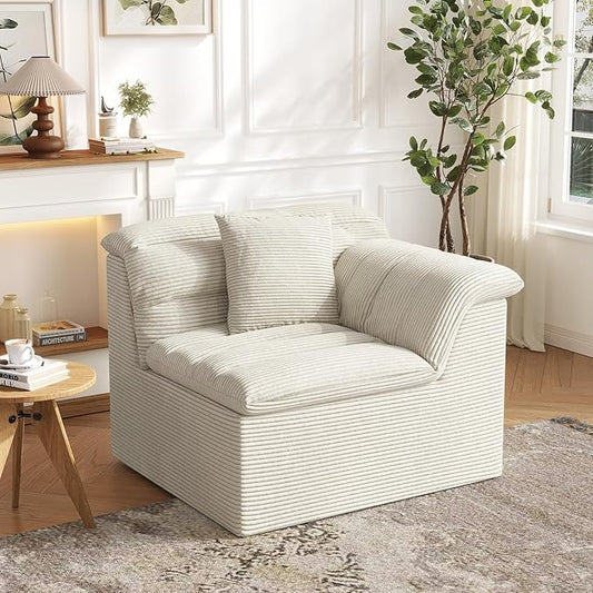 44" Cloud Sectional Couch with Single Arm, Modern Compressed Sofa, Comfy Sleeper Sofa, Corduroy Upholstered Couches for Small Space/Apartment, No Assembly Required, Beige, Right Side