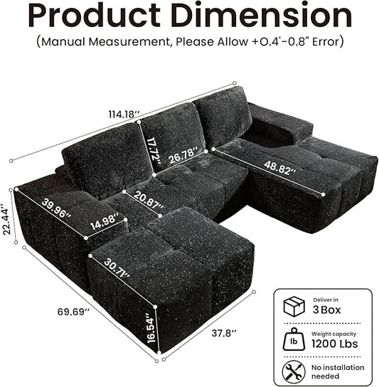 114" Glitter Cloud Sectional Couch with L-Shape Chaise & Ottoman, Modern Boneless Couches for Living Room, Fluffy Tufted Deep Seat Modular Sofa No Assembly (Gray Sparkly Velvet,Right Facing)