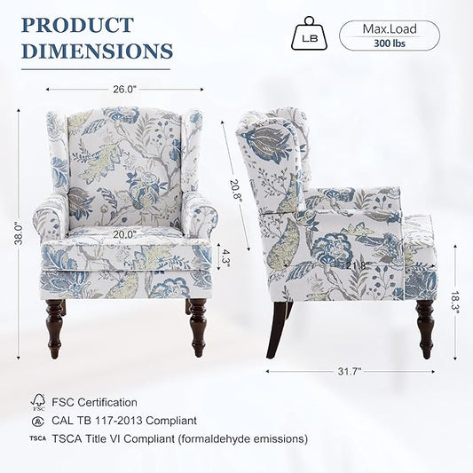 HUIMO Living Room Chair Upholstered High Back Armchair Retro Printed Wingback Chair in Linen for Bedroom & Study Comfy Accent Sofa Chair Reading Chair Holds 300lbs (Navy Blue) (1, Blue Floral)