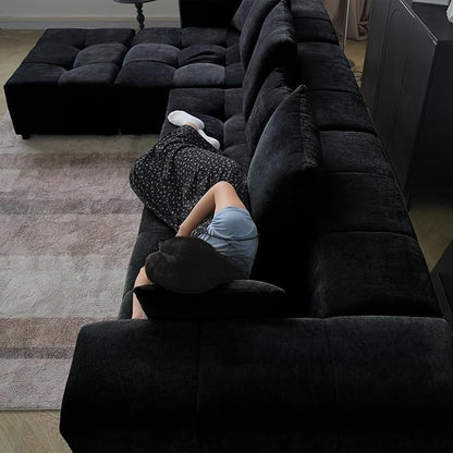 WJShome Oversized Modular Sectional Sofa, V Shaped Couch with Ottoman,Sectional Couches for Living Room,Large Linen Deep Seat with Pillow Couches for Home,Spacious Space,Black