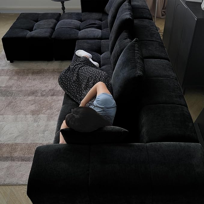 WJShome 183" Oversized Modular Sectional Sofa, U Shaped Couch with Ottoman,Sectional Couches for Living Room,Large Linen Deep Seat with Pillow Couches for Home,Spacious Space,Black