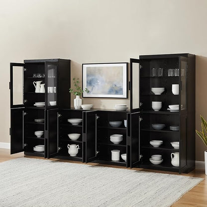 Crosley Furniture Essen 3-Piece Modern Glass Door Sideboard Buffet Cabinet and Kitchen Storage Pantry Set, Black