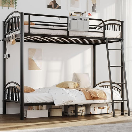 Twin Bunk Beds for Teen & Adults, Heavy Duty Metal Bunk Bed Twin Over Twin with Bedside Caddy, Convertible Ladder & Flat Rungs, Space Saving Bunkbed Frame for Bedroom Dorm, No Box Spring Needed