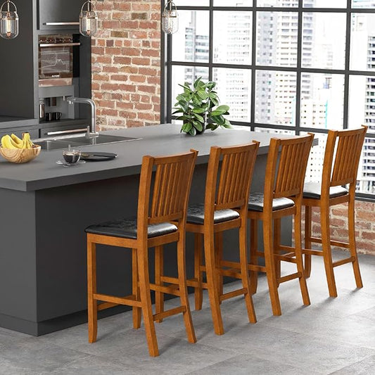 COSTWAY Bar Stools Set of 4, 25.5” Counter Height Bar Stool with Backrest, Padded Seat, Footrest & Rubber Wood Frame, for Kitchen Island, Pub & Restaurant (4)
