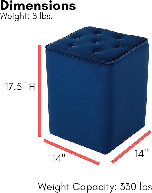 BIRDROCK HOME Tufted Navy Velvet Ottoman Foot Stool - Square - Soft Compact Padded Stool - Great for The Living Room, Bedroom and Kids Room - Upholstered Small Furniture