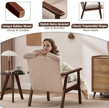 ANJ Mid Century Modern Accent Chairs Set of 2, Tufted Fabric Armchair with Solid Wood Frame, Comfy Retro Side Chair Reading Chair for Living Room, Bedroom，Beige