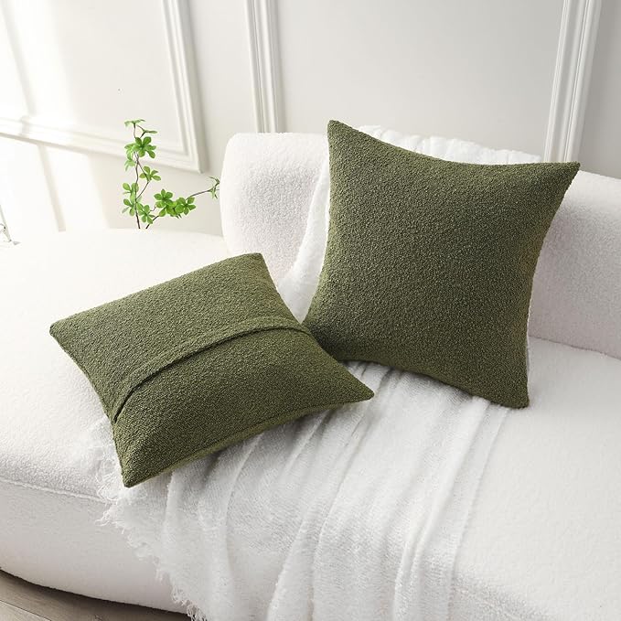 FUTEI Pack of 2 Moss Green Decorative Throw Pillow Covers 26x26 Inch Soft Cozy Solid Boucle Textured Euro Pillow Shams,Modern Home Decor for Couch Bed Living Room