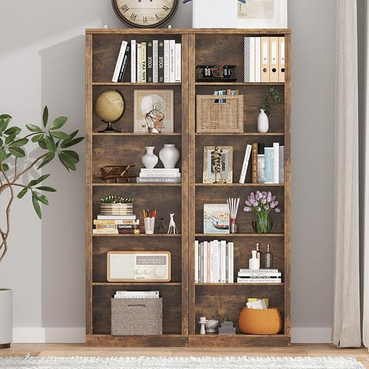 75" Tall Bookshelf & Bookcase Set of 2, 6-Tier Adjustable Storage Shelves, Book Shelf with Anti-Tipping Device, Floor Standing Modern Display Rack for Living Room, Bedroom, Office, Brown