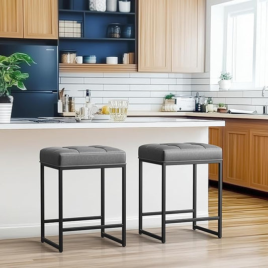 Yaheetech Bar Stools Set of 2, 24 Inch Counter Height Bar Stools Set, Backless Kitchen Island Stools, Faux Leather Stools for Kitchen Counter, Grey