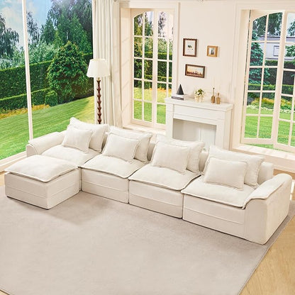 Hobestluk Cloud Modular Sectional Couch 4-Seater Sofa with Ottoman L Shaped Couch Deep Seat Sofa with Removable Cover Large Sofa for Living Room (Beige, 4-Seater Sofa with One Ottoman)