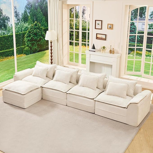 Hobestluk Cloud Modular Sectional Couch 4-Seater Sofa with Ottoman L Shaped Couch Deep Seat Sofa with Removable Cover Large Sofa for Living Room (Beige, 4-Seater Sofa with One Ottoman)